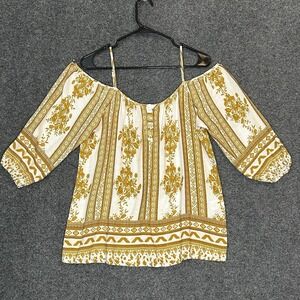 Andree by Unit Women's MED Mustard Yellow/Ivory Blouse 3/4 Sleeve Cold Shoulder